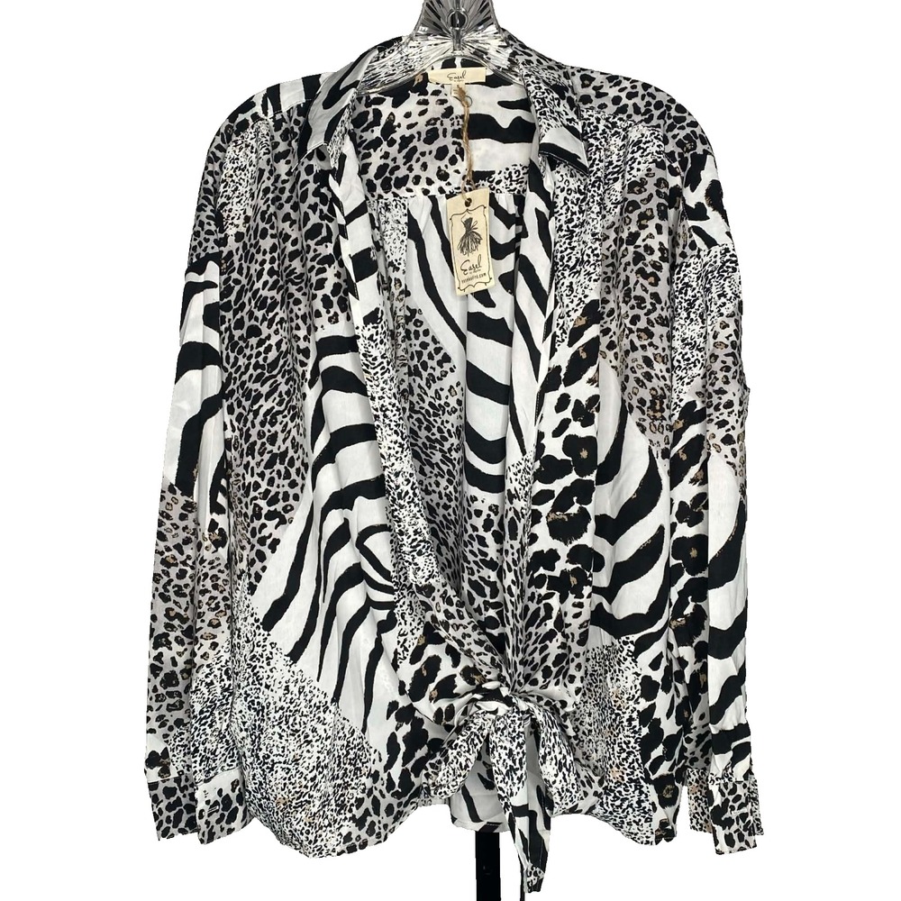 NEW Easel Women's Animal Print Front-Tie collared Neck Long Sleeve cardigan sz S